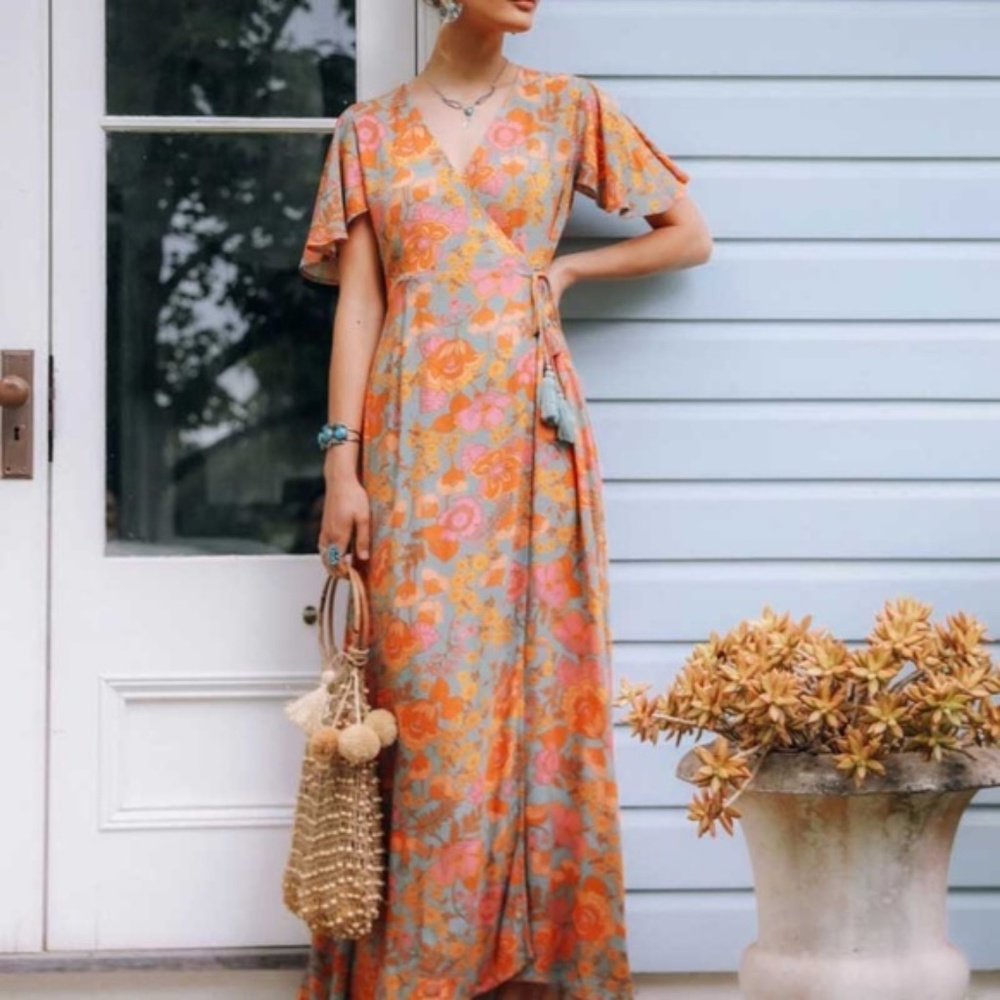 Boho orange floral print wrap maxi dress v neck - Picture 4 of 8